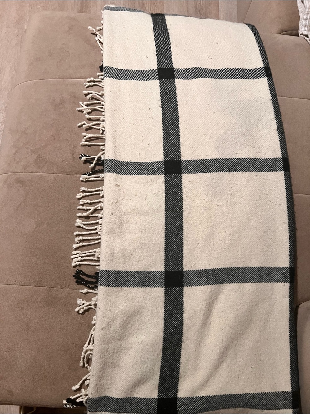 Cost Plus World Market Cream and Black Plaid Fringe Throw